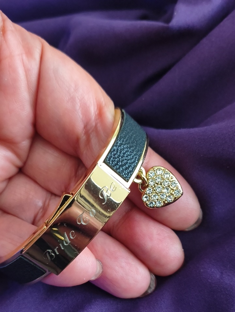 "Bride To Be" Gold Tone And Black Leather Bangle With Heart Dangle NWOT